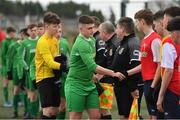 22 February 2020; Cian Gorman Comerford of Carlow JDL shakes hands with Mayo SL players prior to the U15 SFAI Subway National Plate Final match between Mayo SL and Carlow JDL at Mullingar Athletic FC in Gainestown, Co. Westmeath. Photo by Seb Daly/Sportsfile