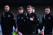 24 February 2020; Daniel Kelly of Dundalk, centre, arrives alongside team-mates Jordan Flores, left, Will Patching, behind, and Darragh Leahy, right, prior to the SSE Airtricity League Premier Division match between Dundalk and Cork City at Oriel Park in Dundalk, Louth. Photo by Seb Daly/Sportsfile