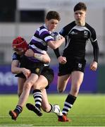 24 February 2020; Daniel Martin of Terenure College in action against James Conroy, left, and Greg Fitzgerald, of Cistercian College Roscrea during the Bank of Ireland Leinster Schools Junior Cup Second Round match between Cistercian College Roscrea and Terenure College at Energia Park in Dublin. Photo by Piaras Ó Mídheach/Sportsfile