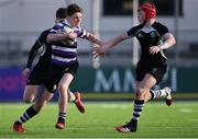 24 February 2020; Daniel Martin of Terenure College in action against Greg Fitzgerald, left, and James Conroy of Cistercian College Roscrea during the Bank of Ireland Leinster Schools Junior Cup Second Round match between Cistercian College Roscrea and Terenure College at Energia Park in Dublin. Photo by Piaras Ó Mídheach/Sportsfile