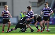 24 February 2020; Olan Storey of Terenure College is tackled by Robert Roe, left, and Ronan Lydon of Cistercian College Roscrea during the Bank of Ireland Leinster Schools Junior Cup Second Round match between Cistercian College Roscrea and Terenure College at Energia Park in Dublin. Photo by Piaras Ó Mídheach/Sportsfile