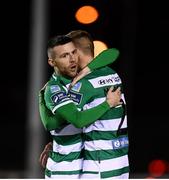 24 February 2020; Jack Byrne, left, and Rhys Marshall of Shamrock Rovers celebrate their first goal during the SSE Airtricity League Premier Division match between Waterford United and Shamrock Rovers at the RSC in Waterford. Photo by Stephen McCarthy/Sportsfile