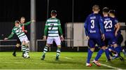 24 February 2020; Rhys Marshall of Shamrock Rovers shoots to score his side's second goal during the SSE Airtricity League Premier Division match between Waterford United and Shamrock Rovers at the RSC in Waterford. Photo by Stephen McCarthy/Sportsfile