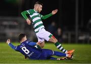 24 February 2020; Jack Byrne of Shamrock Rovers in action against Allistar Cooke of Waterford United during the SSE Airtricity League Premier Division match between Waterford and Shamrock Rovers at the RSC in Waterford. Photo by Stephen McCarthy/Sportsfile