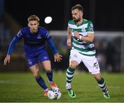 24 February 2020; Greg Bolger of Shamrock Rovers in action against Will Longbottom of Waterford United during the SSE Airtricity League Premier Division match between Waterford and Shamrock Rovers at the RSC in Waterford. Photo by Stephen McCarthy/Sportsfile