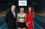 25 February 2020; In attendance, from left are, Hamish Adams, CEO Athletics Ireland, Ciara Neville of Emerald AC, Limerick, and Liz Rowen, Head of Marketing of Irish Life Health during the Irish Life Health National Senior Indoor Championships Launch 2020 at National Indoor Arena on the Sport Ireland National Sports Campus in Abbotstown, Dublin. Photo by David Fitzgerald/Sportsfile