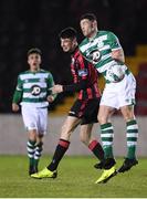 22 February 2020; Sean Callan of Shamrock Rovers II and Rob Manley of Longford Town during the SSE Airtricity League First Division match between Longford Town and Shamrock Rovers II at Bishopsgate in Longford. Photo by Stephen McCarthy/Sportsfile