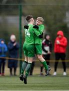 22 February 2020; Peter Grogan of Carlow JDL, left, is congratulated by team-mate Brandon Cassidy after scoring his side's first goal during the U15 SFAI Subway National Plate Final match between Mayo SL and Carlow JDL at Mullingar Athletic FC in Gainestown, Co. Westmeath. Photo by Seb Daly/Sportsfile
