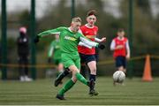 22 February 2020; James Boland of Carlow JDL in action against Cian Halpin of Mayo SL during the U15 SFAI Subway National Plate Final match between Mayo SL and Carlow JDL at Mullingar Athletic FC in Gainestown, Co. Westmeath. Photo by Seb Daly/Sportsfile