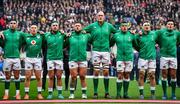23 February 2020; Ireland players, from left, Conor Murray, Andrew Conway, Rob Herring, Andrew Porter, Devin Toner, CJ Stander, Josh van der Flier and Jacob Stockdale stand for Ireland's Call prior to the Guinness Six Nations Rugby Championship match between England and Ireland at Twickenham Stadium in London, England. Photo by Brendan Moran/Sportsfile
