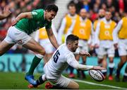 23 February 2020; Elliot Daly of England scores his side's second try during the Guinness Six Nations Rugby Championship match between England and Ireland at Twickenham Stadium in London, England. Photo by Brendan Moran/Sportsfile