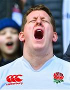 23 February 2020; An England supporter sings the national anthem prior to the Guinness Six Nations Rugby Championship match between England and Ireland at Twickenham Stadium in London, England. Photo by Brendan Moran/Sportsfile