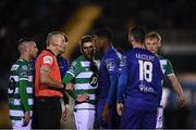 24 February 2020; Andre Burley of Waterford United speaks with referee Raymond Matthews after receiving a red card during the SSE Airtricity League Premier Division match between Waterford and Shamrock Rovers at the RSC in Waterford. Photo by Stephen McCarthy/Sportsfile