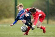 23 February 2020; Conor Lougheed of DDSL is tackled by Cathal O'Sullivan of Cork SL during the U13 SFAI Subway Liam Miller Cup National Championship Final match between Cork SL and DDSL at Mullingar Athletic FC in Gainestown, Co. Westmeath. Photo by Eóin Noonan/Sportsfile