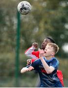 23 February 2020; Dezell Obenge of Cork SL in action against Barry Kealy of DDSL during the U13 SFAI Subway Liam Miller Cup National Championship Final match between Cork SL and DDSL at Mullingar Athletic FC in Gainestown, Co. Westmeath. Photo by Eóin Noonan/Sportsfile