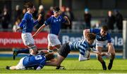 25 February 2020; Ross O’Connor of St Vincent’s Castleknock College is tackled by Conall Cusack, left, and Tieran O’Shea of St Mary’s College during the Bank of Ireland Leinster Schools Junior Cup Second Round match between St Vincent’s Castleknock College and St Mary’s College at Energia Park in Dublin. Photo by Daire Brennan/Sportsfile