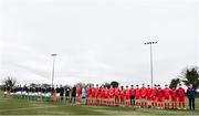 23 February 2020; Both teams stand for the playing of Amhrán na bhFiann prior to the U15 SFAI Subway National Championship Final match between Donegal and Cork SL at Mullingar Athletic FC in Gainestown, Co. Westmeath. Photo by Eóin Noonan/Sportsfile