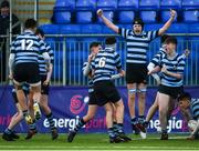 25 February 2020; Conor Boyle of St Vincent’s Castleknock College celebrates at the final whistle after the Bank of Ireland Leinster Schools Junior Cup Second Round match between St Vincent’s Castleknock College and St Mary’s College at Energia Park in Dublin. Photo by Daire Brennan/Sportsfile