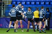 25 February 2020; Sam Wisniewski lifts team-mate Jamie Fewer of St Vincent’s Castleknock College in celebration after the Bank of Ireland Leinster Schools Junior Cup Second Round match between St Vincent’s Castleknock College and St Mary’s College at Energia Park in Dublin. Photo by Daire Brennan/Sportsfile