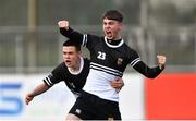 26 February 2020; Michael Collins, right, of Newbridge College celebrates scoring the winning penalty with team-mate Mark Masterson after the Bank of Ireland Leinster Schools Junior Cup Second Round match between St Michael’s College and Newbridge College at Energia Park in Dublin. Photo by Piaras Ó Mídheach/Sportsfile