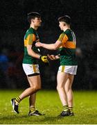 26 February 2020; Paul O'Shea, left, and Patrick Darcy of Kerry celebrate after the Munster GAA Football U20 Championship Semi-Final match between Limerick and Kerry at Mick Neville Park in Rathkeale, Limerick. Photo by Diarmuid Greene/Sportsfile