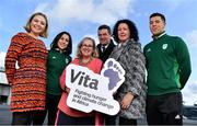 27 February 2020; The Olympic Federation of Ireland will fly athletes in business class to the Olympic Games in Tokyo with Qatar Airways. They also teamed up with Vita to offset carbon emissions involved with travelling to Tokyo 2020. Pictured are, from left, Holly Hughes, Vita, hockey player Anna O'Flanagan, Ciara Feehely, Vita, Peter Sherrard, CEO, OFI, Tricia Heberle, Team Ireland Chef de Mission, and swimmer Daragh Greene. With less than five months left until the Opening Ceremony in Tokyo, the composition of Team Ireland is starting to take real shape. Qatar Airways has a 5 star rating by Skytrax, which also awarded the airline 'World's Best Business Class'. Athletes will benefit from the full lie flat beds and catering to suit their nutritional routine. The mood lighting will adjust the athletes' body clock to the Tokyo time zone and the cabin is pressureised to a lower altitude which equates to more oxygen and less travel fatigue. Photo by Brendan Moran/Sportsfile