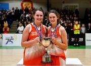27 February 2020; Joint captains Sarah Fleming, left, and Amy Byrne of Scoil Chriost Rí, Portloise with the cup following the Basketball Ireland All-Ireland Schools U19A Girls League Final between Scoil Chríost Rí, Portlaoise and Loreto Dalkey at National Basketball Arena in Dublin. Photo by Eóin Noonan/Sportsfile