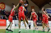 27 February 2020; Michelle Ugwah of SMGS Blarney in action against Niamh Tolan of Virginia College during the Basketball Ireland All-Ireland Schools U16A Girls League Final between SMGS Blarney and Virginia College, Cavan at National Basketball Arena in Dublin. Photo by Eóin Noonan/Sportsfile