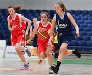 27 February 2020; Saoirse Breen of SMGS Blarney in action against Sydney Gregg of Virginia College during the Basketball Ireland All-Ireland Schools U16A Girls League Final between SMGS Blarney and Virginia College, Cavan at National Basketball Arena in Dublin. Photo by Eóin Noonan/Sportsfile