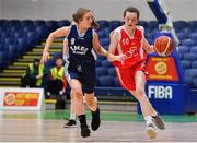 27 February 2020; Emma Tobin of Virginia College in action against Saoirse Breen of SMGS Blarney during the Basketball Ireland All-Ireland Schools U16A Girls League Final between SMGS Blarney and Virginia College, Cavan at National Basketball Arena in Dublin. Photo by Eóin Noonan/Sportsfile