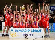 27 February 2020; Virginia College players celebrate with the cup following the Basketball Ireland All-Ireland Schools U16A Girls League Final between SMGS Blarney and Virginia College, Cavan at National Basketball Arena in Dublin. Photo by Eóin Noonan/Sportsfile