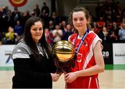 27 February 2020; Emma Tobin of Virginia College is presented with the MVP award by Louise O'Loughlin of Basketball Ireland following the Basketball Ireland All-Ireland Schools U16A Girls League Final between SMGS Blarney and Virginia College, Cavan at National Basketball Arena in Dublin. Photo by Eóin Noonan/Sportsfile