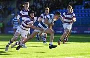 27 February 2020; Harry Whelan of Blackrock College on his way to scoring a try despite the tackle of Finn McGarry of Clongowes Wood College during the Bank of Ireland Leinster Schools Junior Cup Second Round match between Blackrock College and Clongowes Wood College at Energia Park in Dublin. Photo by Matt Browne/Sportsfile