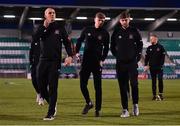 28 February 2020; Dundalk players, from left, Georgie Kelly, Sean Gannon and Will Patching ahead of the SSE Airtricity League Premier Division match between Shamrock Rovers and Dundalk at Tallaght Stadium in Dublin. Photo by Ben McShane/Sportsfile