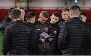 28 February 2020; James Talbot of Bohemians, centre, and his team-mates prior to the SSE Airtricity League Premier Division match between Derry City and Bohemians at the Ryan McBride Brandywell Stadium in Derry. Photo by Oliver McVeigh/Sportsfile