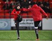 28 February 2020; Ciaron Harkin, left, and Paul Moussa Bakayoko of Derry City before the SSE Airtricity League Premier Division match between Derry City and Bohemians at the Ryan McBride Brandywell Stadium in Derry. Photo by Oliver McVeigh/Sportsfile