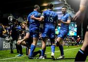 28 February 2020; Dave Kearney of Leinster congratulated by team-mates Hugo Keenan and Harry Byrne after scoring his side's first try during the Guinness PRO14 Round 13 match between Leinster and Glasgow Warriors at the RDS Arena in Dublin. Photo by Diarmuid Greene/Sportsfile