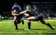 28 February 2020; Dave Kearney of Leinster is tackled by Kyle Steyn of Glasgow Warriors before going on to score his side's first try during the Guinness PRO14 Round 13 match between Leinster and Glasgow Warriors at the RDS Arena in Dublin. Photo by Diarmuid Greene/Sportsfile