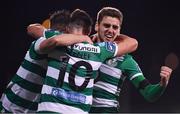 28 February 2020; Dylan Watts of Shamrock Rovers celebrates after scoring his side's first goal with team-mates Ronan Finn, left, and Aaron McEneff, 10, during the SSE Airtricity League Premier Division match between Shamrock Rovers and Dundalk at Tallaght Stadium in Dublin. Photo by Ben McShane/Sportsfile