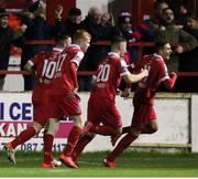 28 February 2020; Jaze Kabia of Shelbourne, right, celebrates with team-mates after scoring his side's first goal during the SSE Airtricity League Premier Division match between Shelbourne and St Patrick's Athletic at Tolka Park in Dublin. Photo by Michael P Ryan/Sportsfile