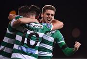 28 February 2020; Dylan Watts of Shamrock Rovers celebrates after scoring his side's first goal with team-mates Ronan Finn, left, and Aaron McEneff, 10, during the SSE Airtricity League Premier Division match between Shamrock Rovers and Dundalk at Tallaght Stadium in Dublin. Photo by Ben McShane/Sportsfile
