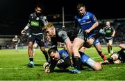 28 February 2020; James Lowe of Leinster scores a try despite the efforts of Kyle Steyn of Glasgow Warriors during the Guinness PRO14 Round 13 match between Leinster and Glasgow Warriors at the RDS Arena in Dublin. Photo by Diarmuid Greene/Sportsfile