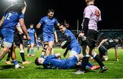 28 February 2020; James Lowe of Leinster celebrates with team-mates after scoring a try during the Guinness PRO14 Round 13 match between Leinster and Glasgow Warriors at the RDS Arena in Dublin. Photo by Diarmuid Greene/Sportsfile