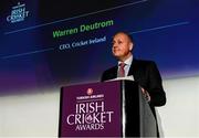 28 February 2020; Warren Deutrom, CEO of Cricket Ireland, speaking during the Turkish Airlines Irish Cricket Awards 2020 at The Marker Hotel in Dublin. Photo by Matt Browne/Sportsfile
