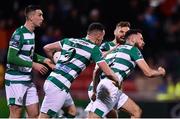 28 February 2020; Roberto Lopes of Shamrock Rovers, right, celebrates after scoring his side's second goal with team-mates, from left, Neil Farrugia, Aaron Greene and Greg Bolger during the SSE Airtricity League Premier Division match between Shamrock Rovers and Dundalk at Tallaght Stadium in Dublin. Photo by Ben McShane/Sportsfile