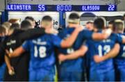 28 February 2020; A general view of the final score on the scoreboard as the Leinster team huddle together after the Guinness PRO14 Round 13 match between Leinster and Glasgow Warriors at the RDS Arena in Dublin. Photo by Diarmuid Greene/Sportsfile