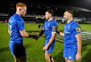 28 February 2020; Ciarán Frawley, Hugo Keenan and Dave Kearney of Leinster celebrate after the Guinness PRO14 Round 13 match between Leinster and Glasgow Warriors at the RDS Arena in Dublin. Photo by Diarmuid Greene/Sportsfile