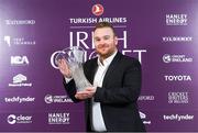 28 February 2020; Paul Stirling with his Turkish Airlines Men's International Player of the Year Trophy at the Turkish Airlines Irish Cricket Awards 2020 at The Marker Hotel in Dublin. Photo by Matt Browne/Sportsfile