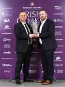 28 February 2020; Masan Mutlu, General Manager of Turkish Airlines, presents Paul Stirling with his Turkish Airlines Men's International Player of the Year Trophy at the Turkish Airlines Irish Cricket Awards 2020 at The Marker Hotel in Dublin. Photo by Matt Browne/Sportsfile