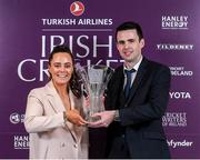 28 February 2020; Laura Delany is presented with the award for the Hanley Energy Women's International Player of the Year on behalf of Eimear Richardson, who was unable to attend, by Niall Franklin during the Turkish Airlines Irish Cricket Awards 2020 at The Marker Hotel in Dublin. Photo by Matt Browne/Sportsfile